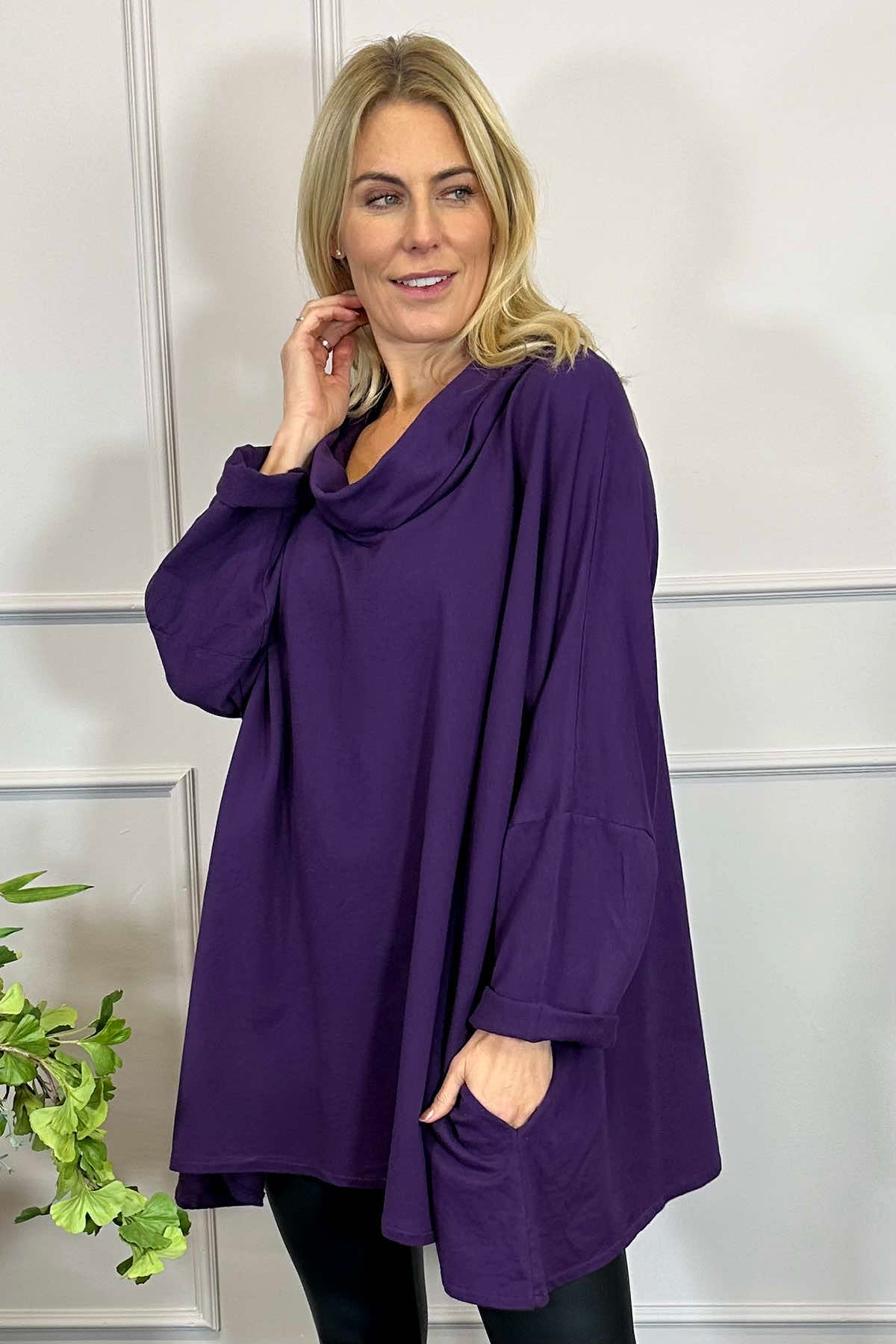 Amie Cowl Neck Cotton Top Dark Purple