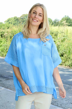 Kristiana Crochet Detail Linen Top Powder Blue