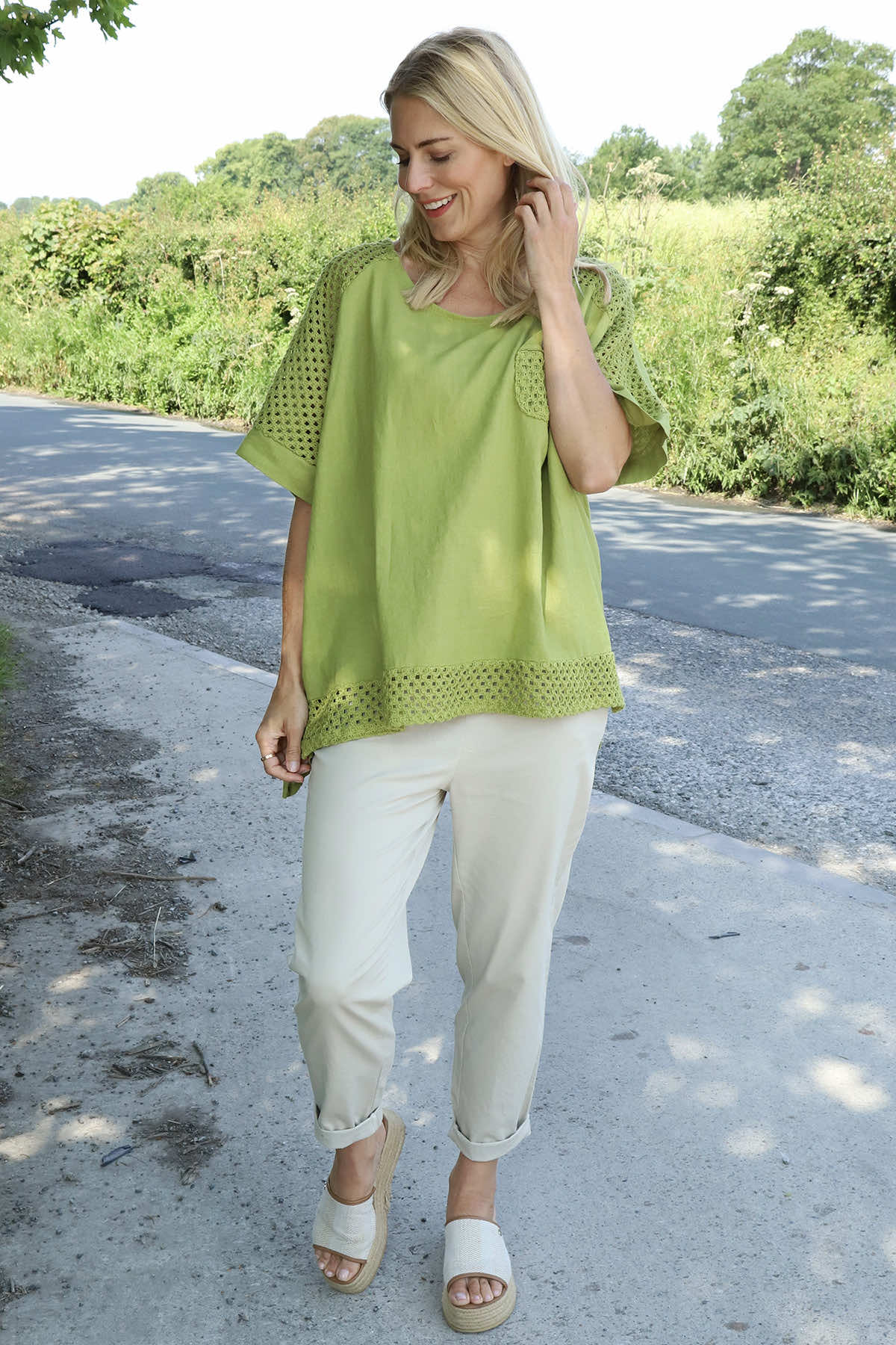 Kristiana Crochet Detail Linen Top Olive