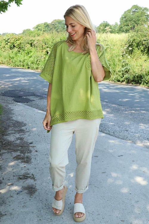 Kristiana Crochet Detail Linen Top Olive - Image 2