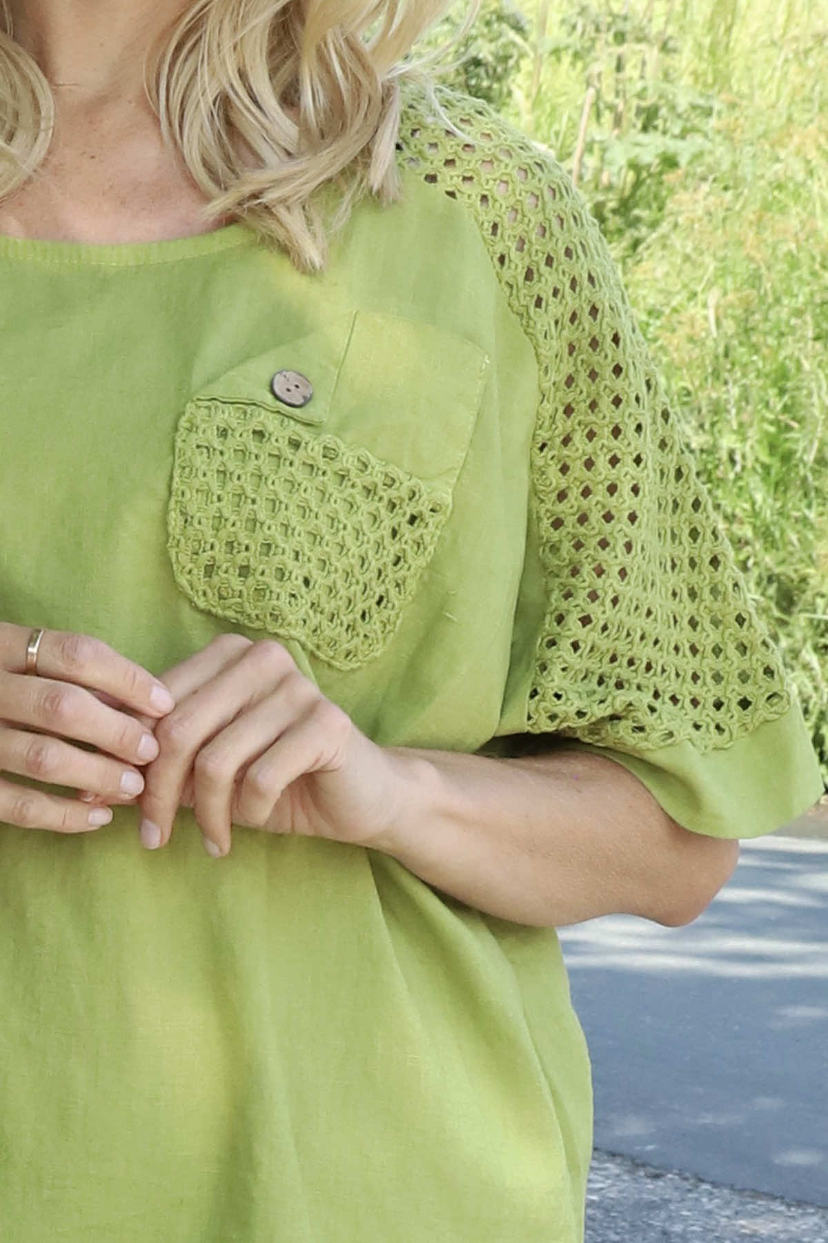Kristiana Crochet Detail Linen Top Olive