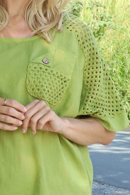 Kristiana Crochet Detail Linen Top Olive - Image 3
