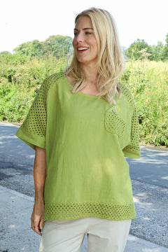 Kristiana Crochet Detail Linen Top Olive
