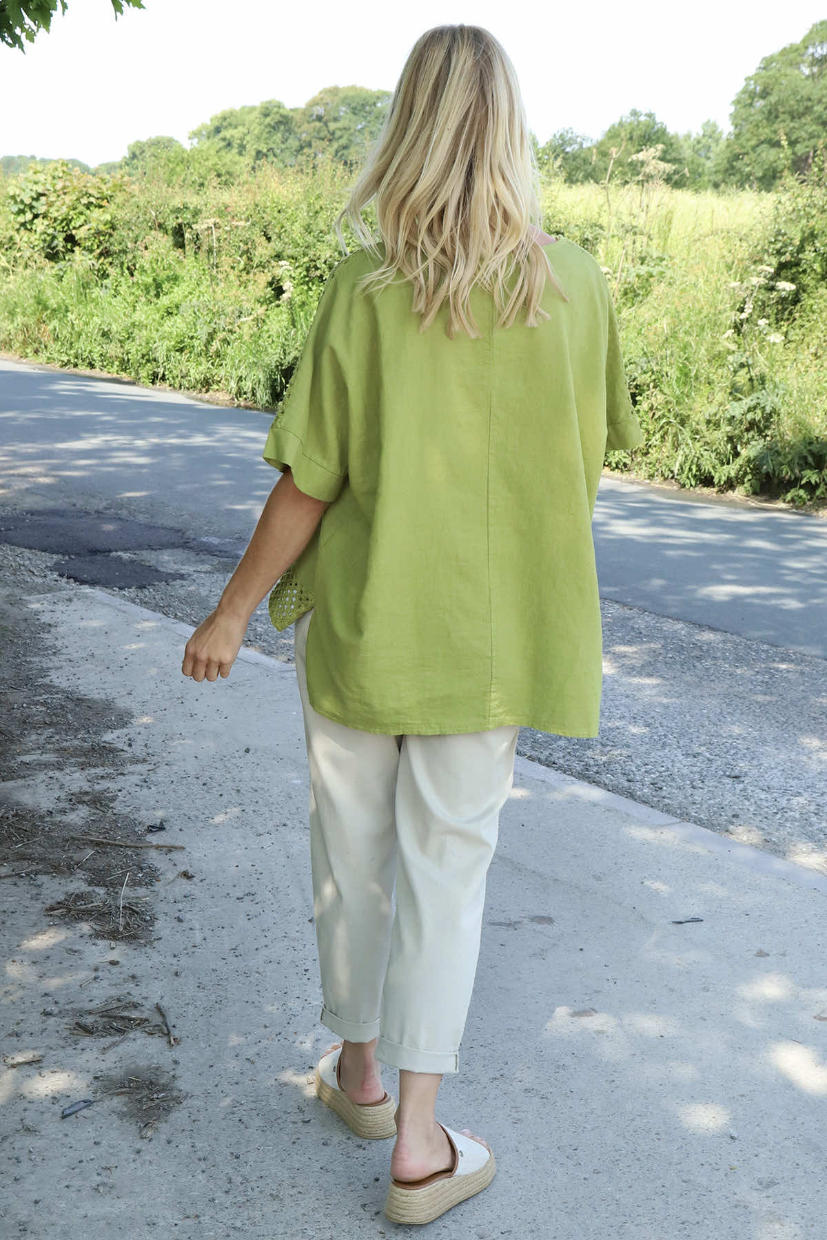 Kristiana Crochet Detail Linen Top Olive