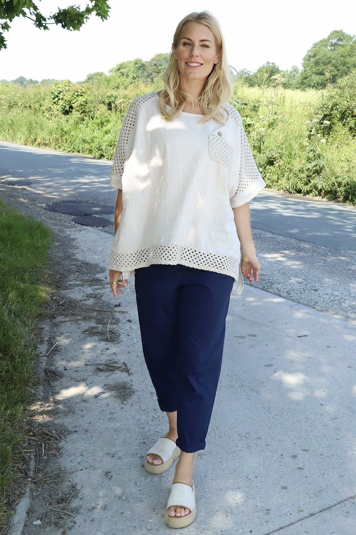Kristiana Crochet Detail Linen Top Stone