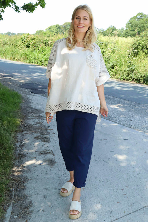 Kristiana Crochet Detail Linen Top Stone - Image 2