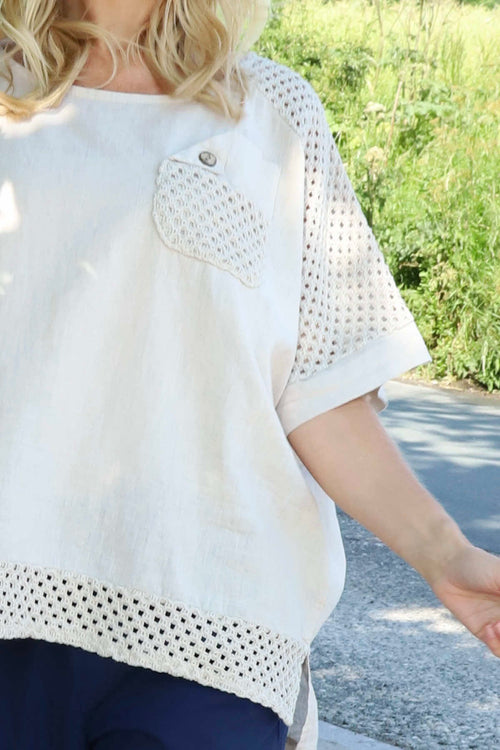 Kristiana Crochet Detail Linen Top Stone - Image 3