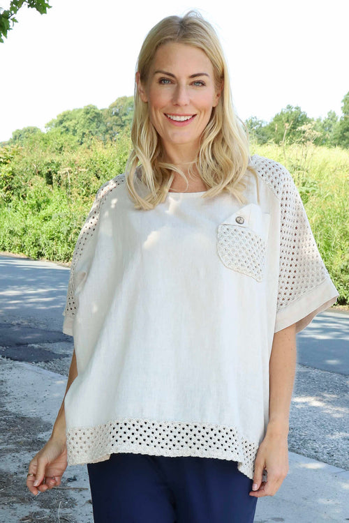 Kristiana Crochet Detail Linen Top Stone - Image 1