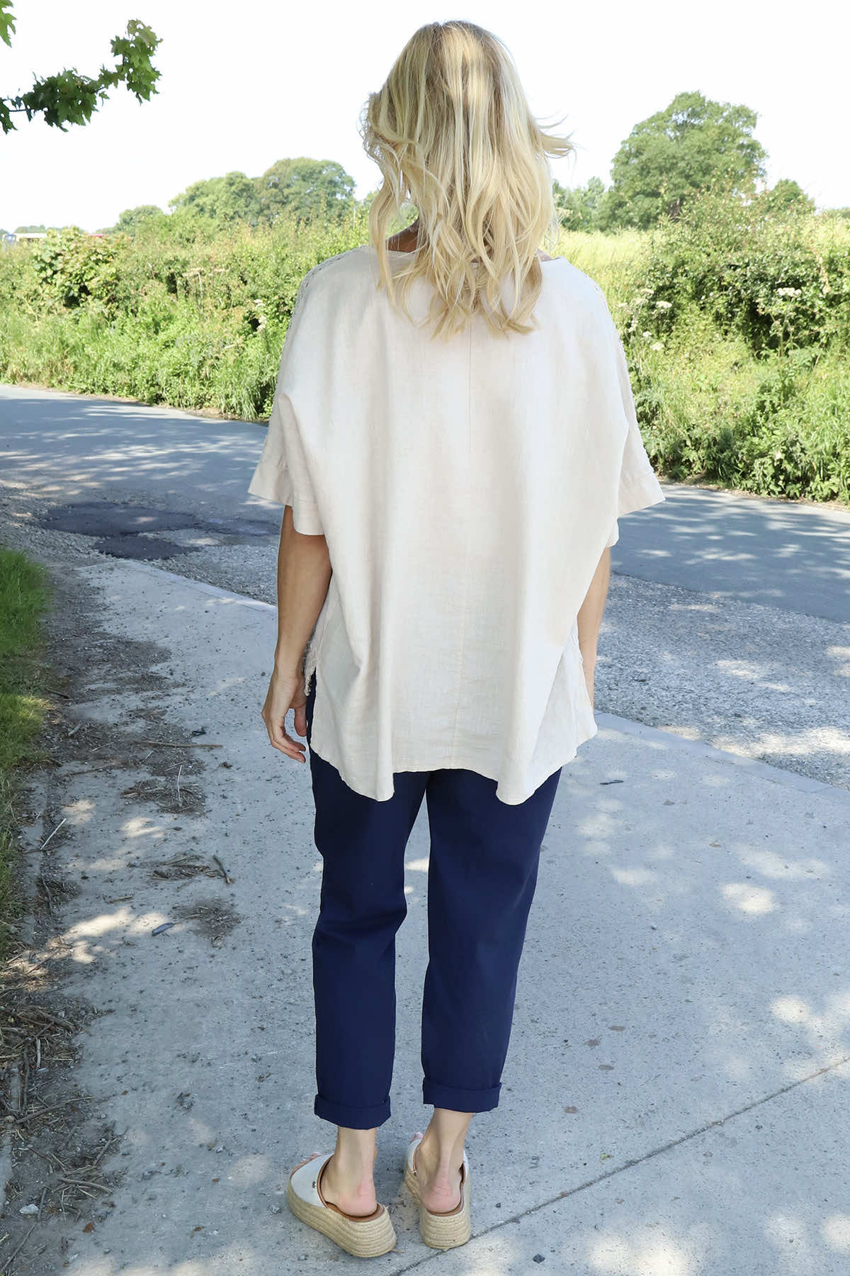 Kristiana Crochet Detail Linen Top Stone