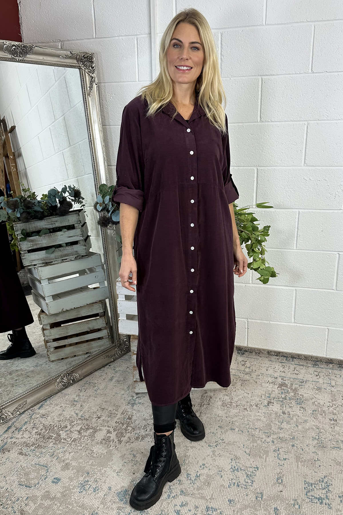 Sadie Needlecord Cotton Shirt Dress Burgundy