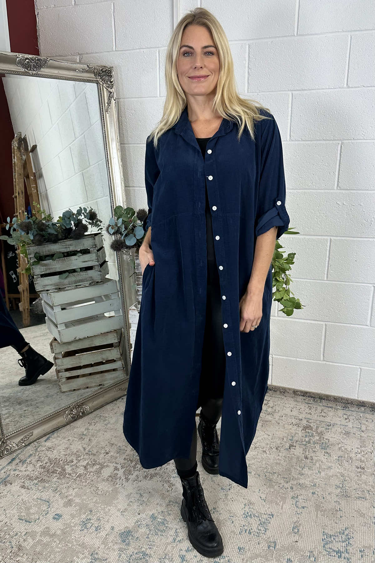 Sadie Needlecord Cotton Shirt Dress Navy