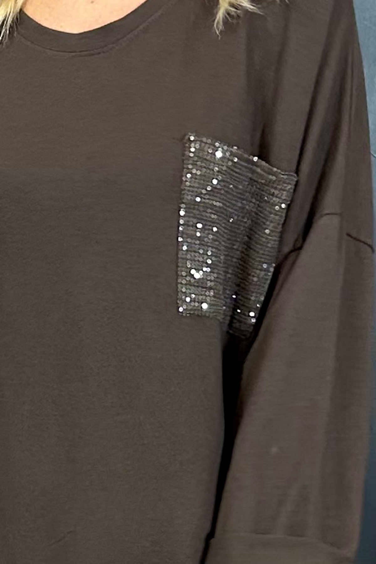 Shania Sequin Pocket Cotton Top Cocoa