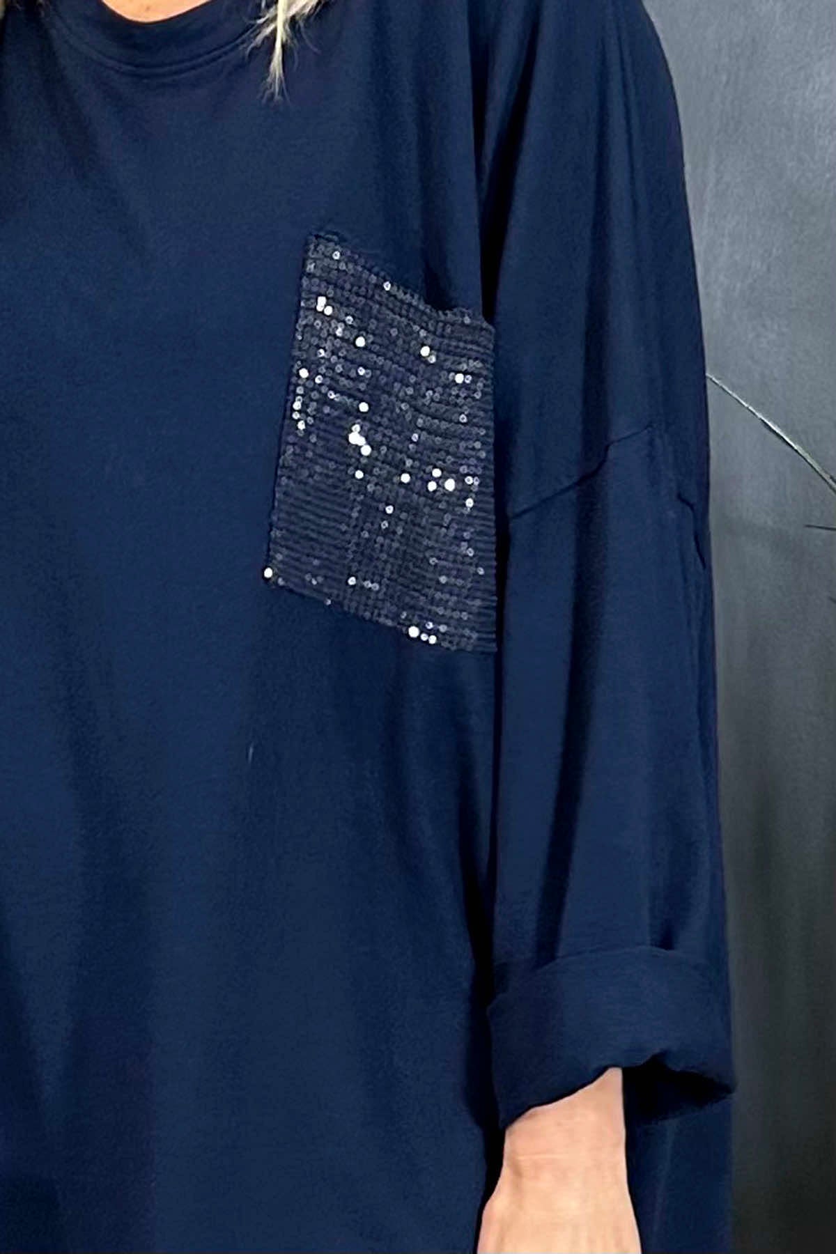 Shania Sequin Pocket Cotton Top Navy