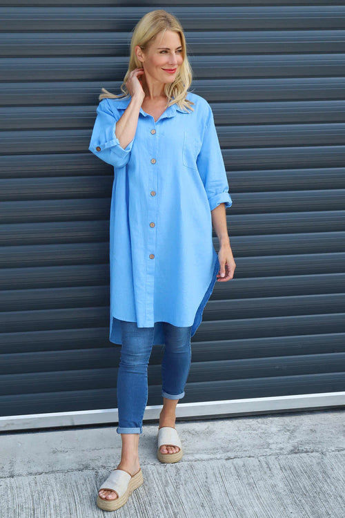 Mariabella Longline Linen Shirt Powder Blue