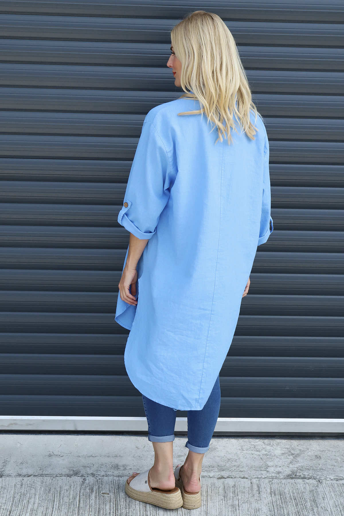 Mariabella Longline Linen Shirt Powder Blue