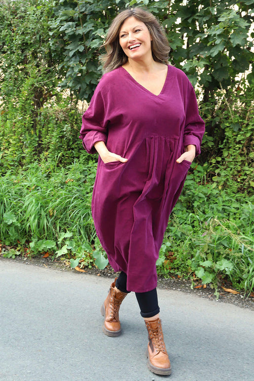 Dinah V-Neck Needlecord Dress Burgundy - Image 2