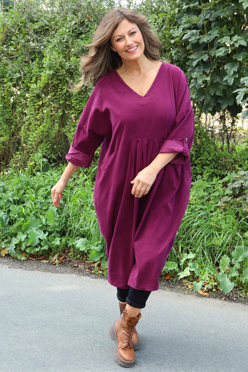 Dinah V-Neck Needlecord Dress Burgundy - Image 1