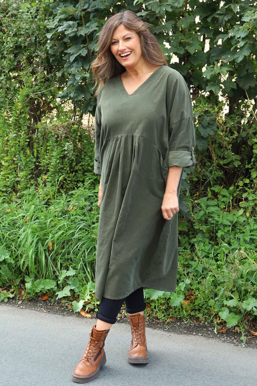 Dinah V-Neck Needlecord Dress Khaki - Image 2