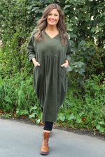 Dinah V-Neck Needlecord Dress Khaki Khaki - Dinah V-Neck Needlecord Dress Khaki