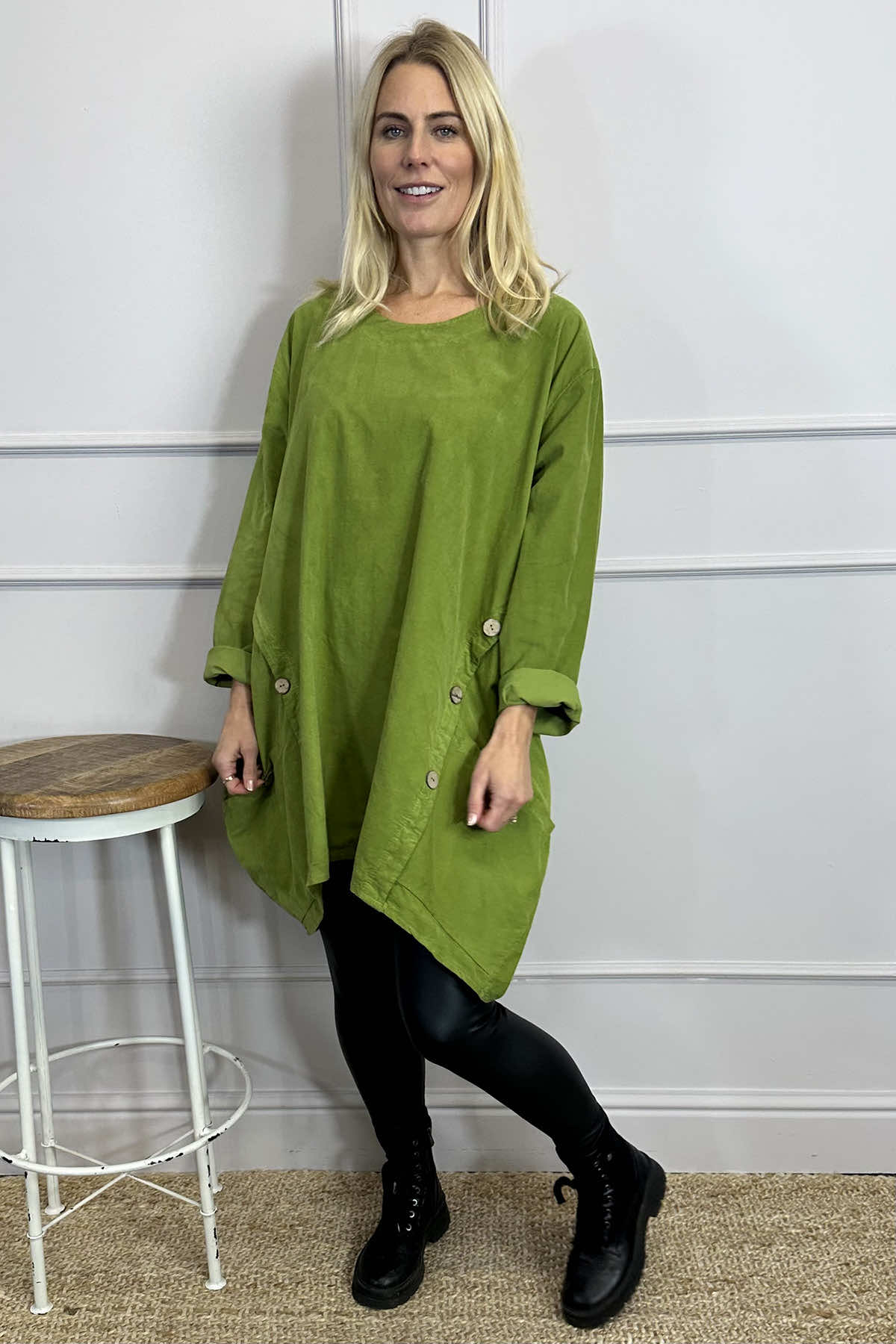 Callie Button Detail Needlecord Tunic Olive