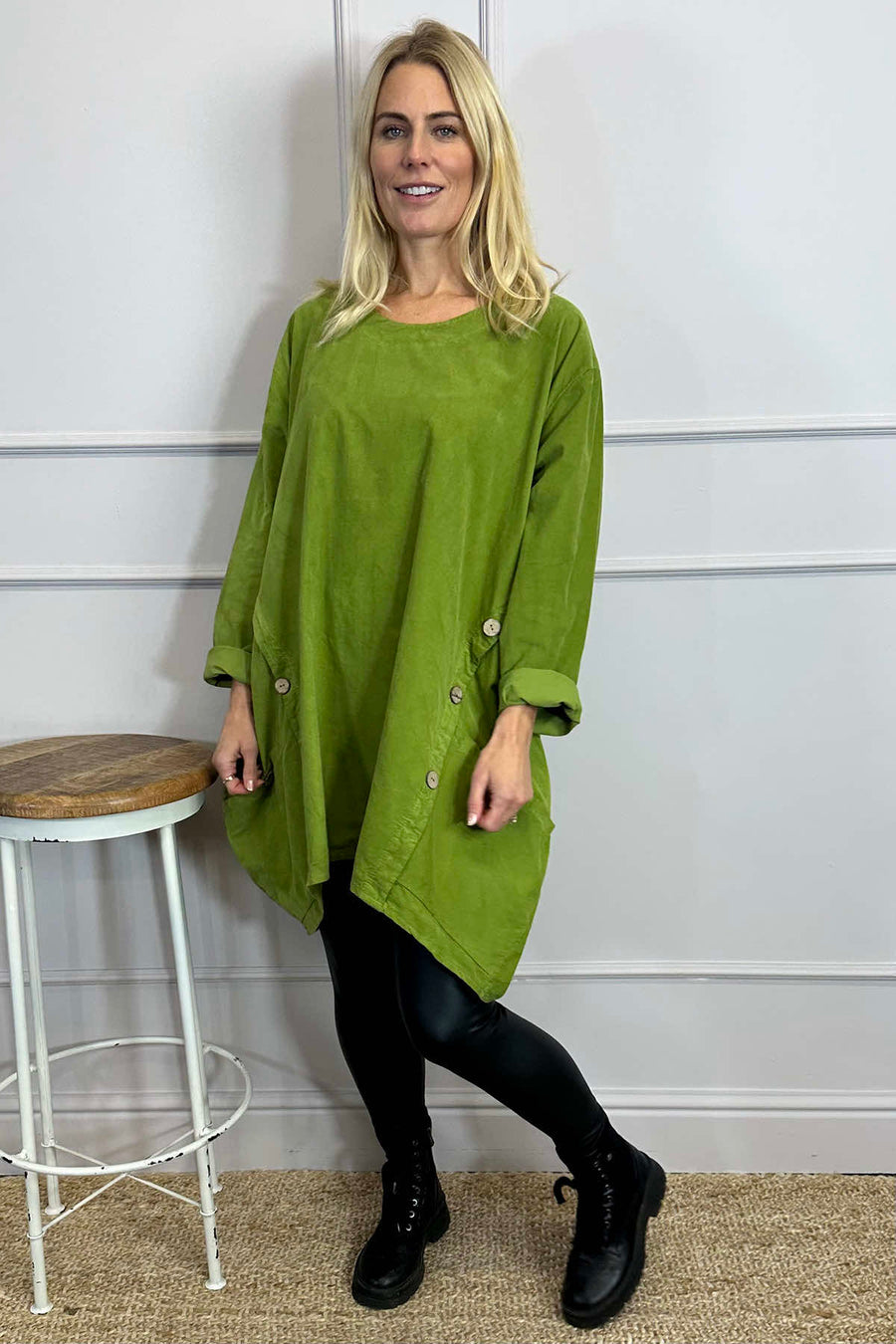 Callie Button Detail Needlecord Tunic Olive