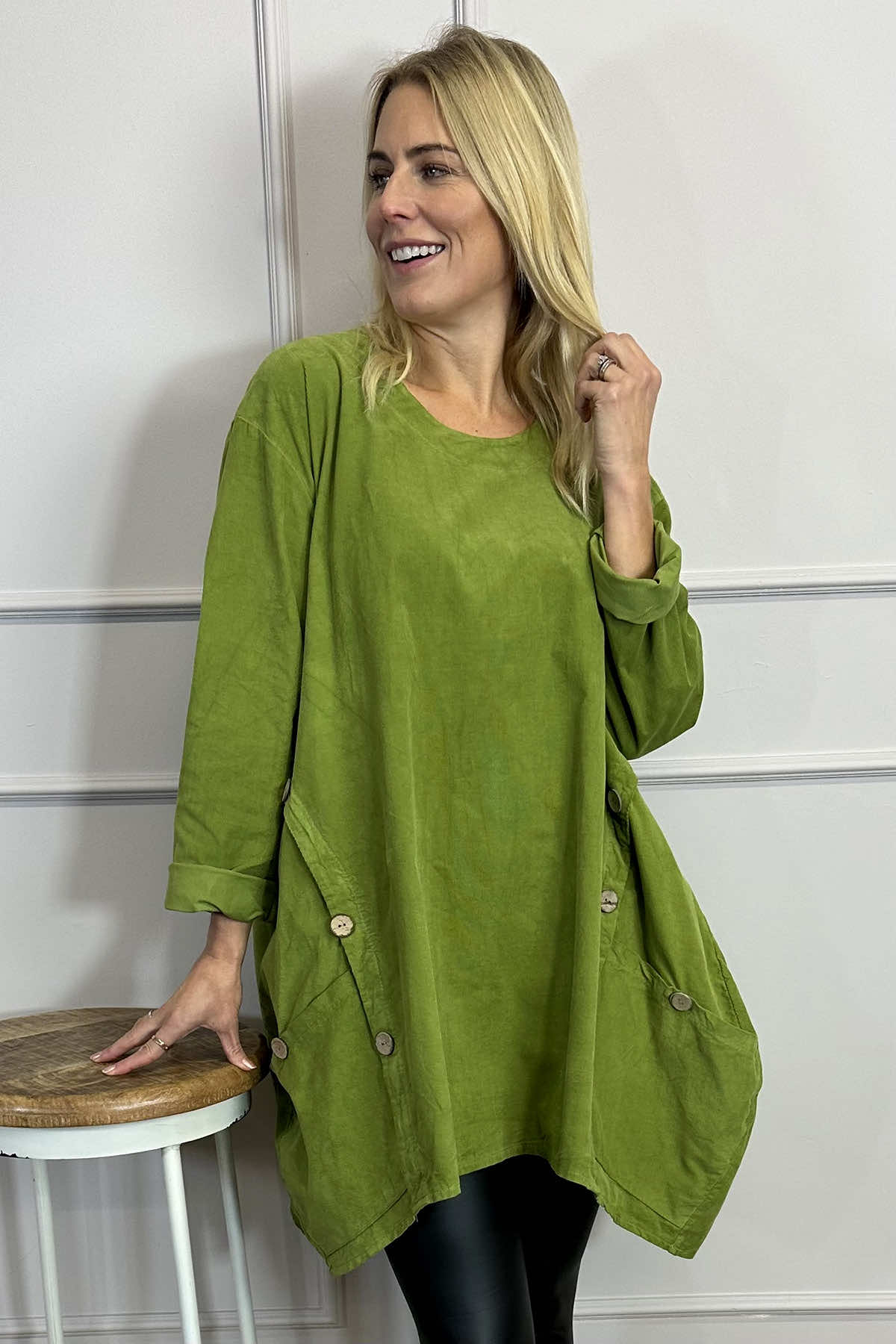 Callie Button Detail Needlecord Tunic Olive