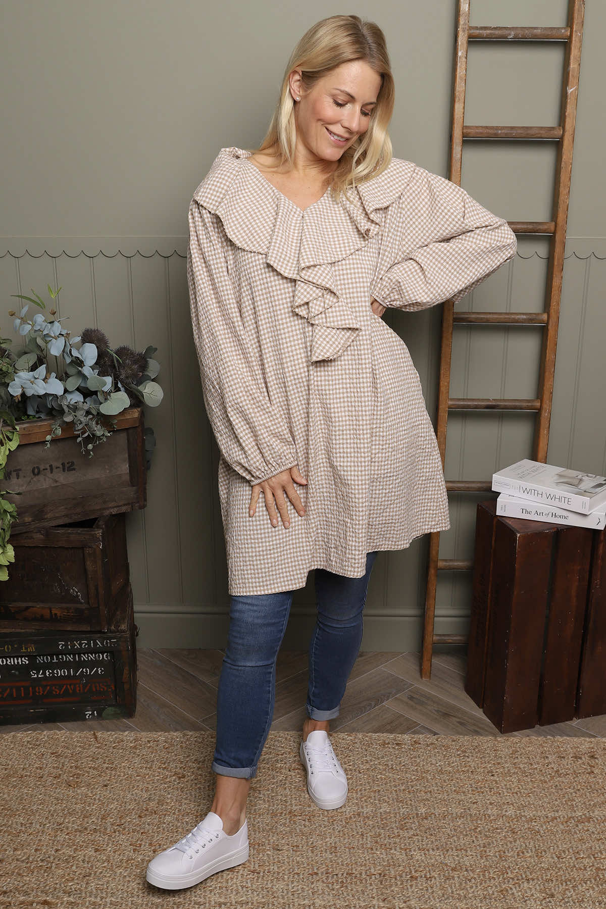 Sophronia Gingham Cotton Tunic Camel