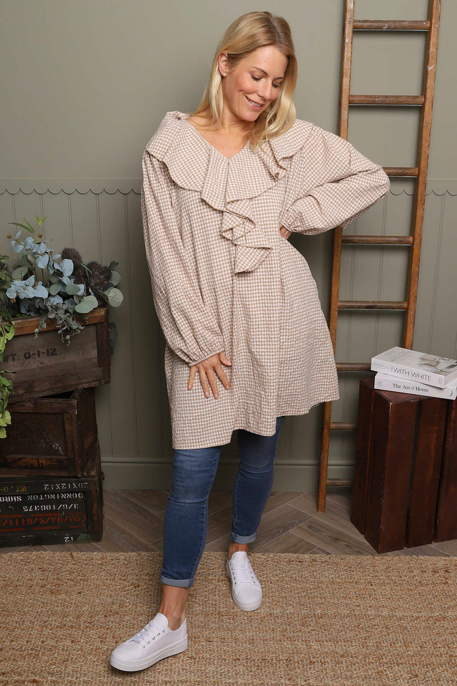 Sophronia Gingham Cotton Tunic Camel