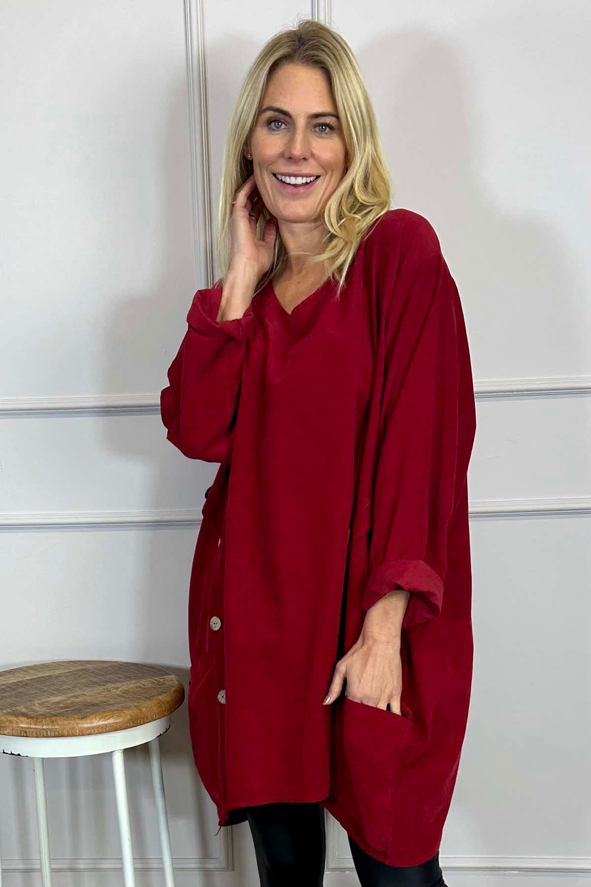 Callie Button Detail Needlecord Tunic Red