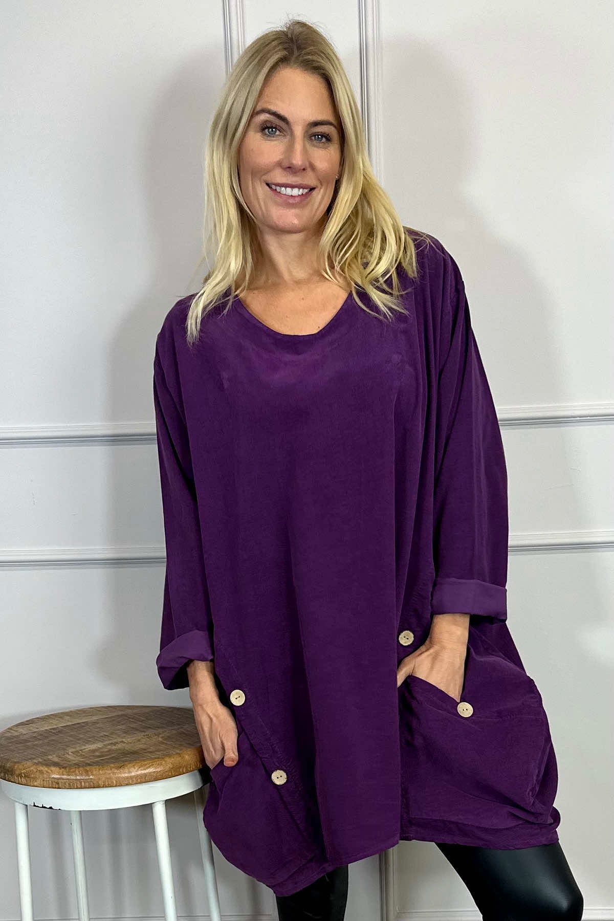 Callie Button Detail Needlecord Tunic Purple