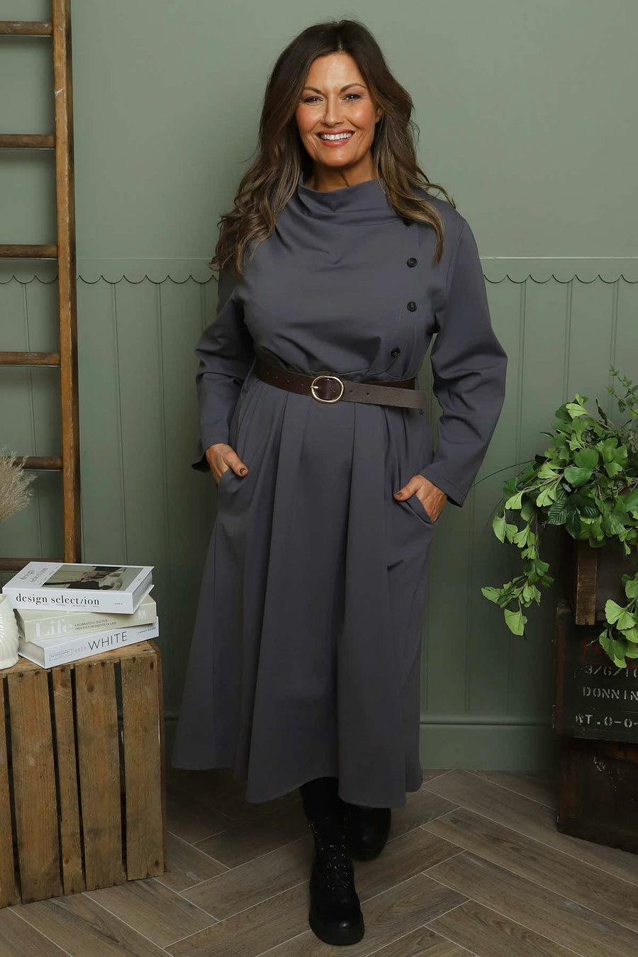 Mid Grey Eudora Belted Dress | Made In Italy