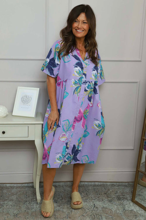 Penny Print Linen Dress Purple - Image 1