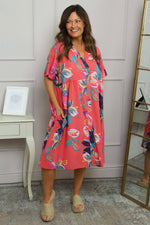 Penny Print Linen Dress Coral Coral - Penny Print Linen Dress Coral