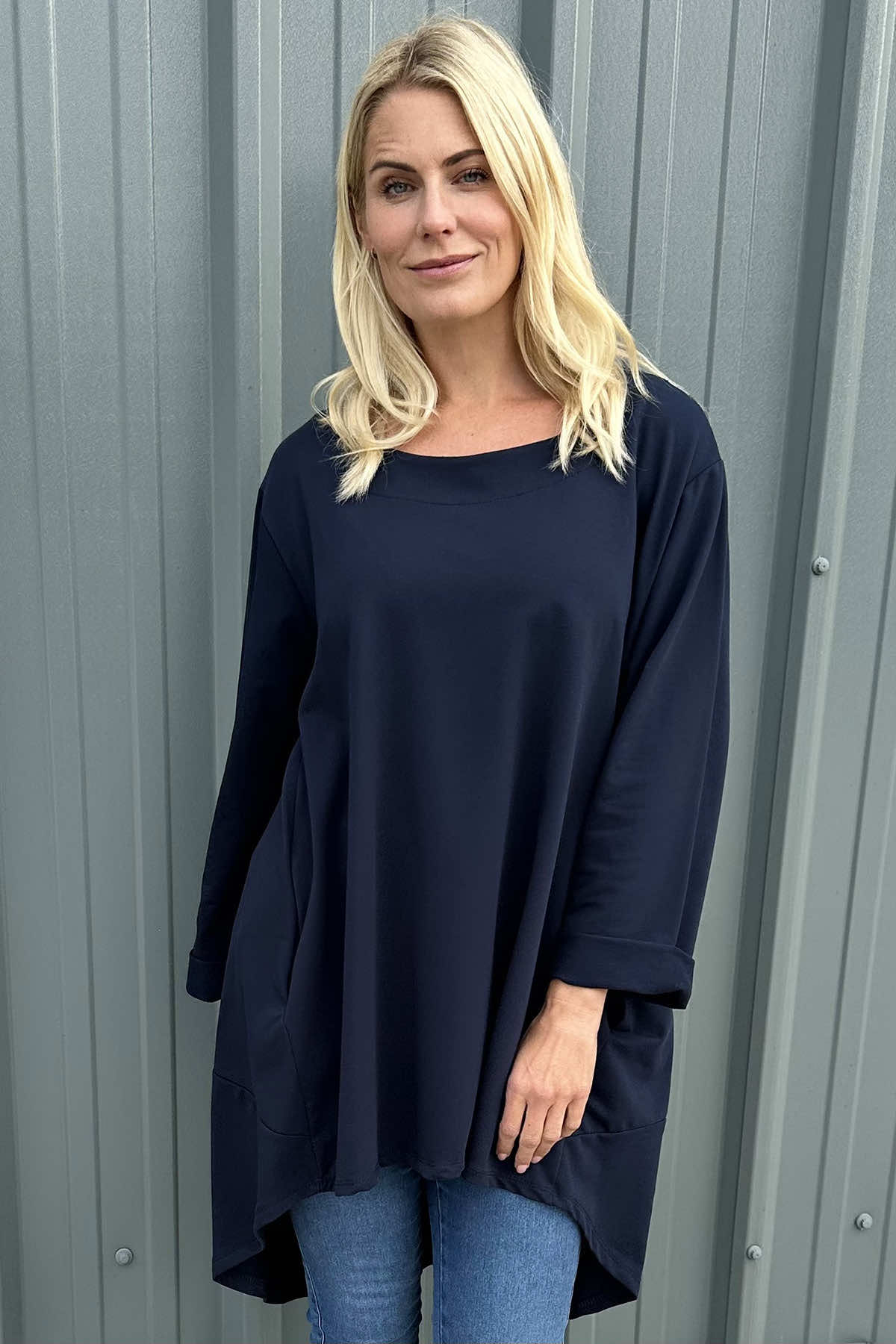 Binky Dipped Hem Cotton Tunic Navy