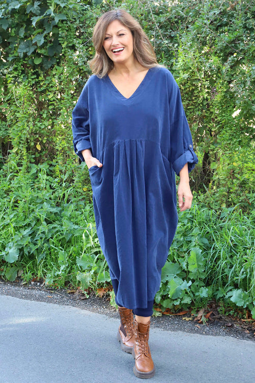 Dinah V-Neck Needlecord Dress Navy - Image 2