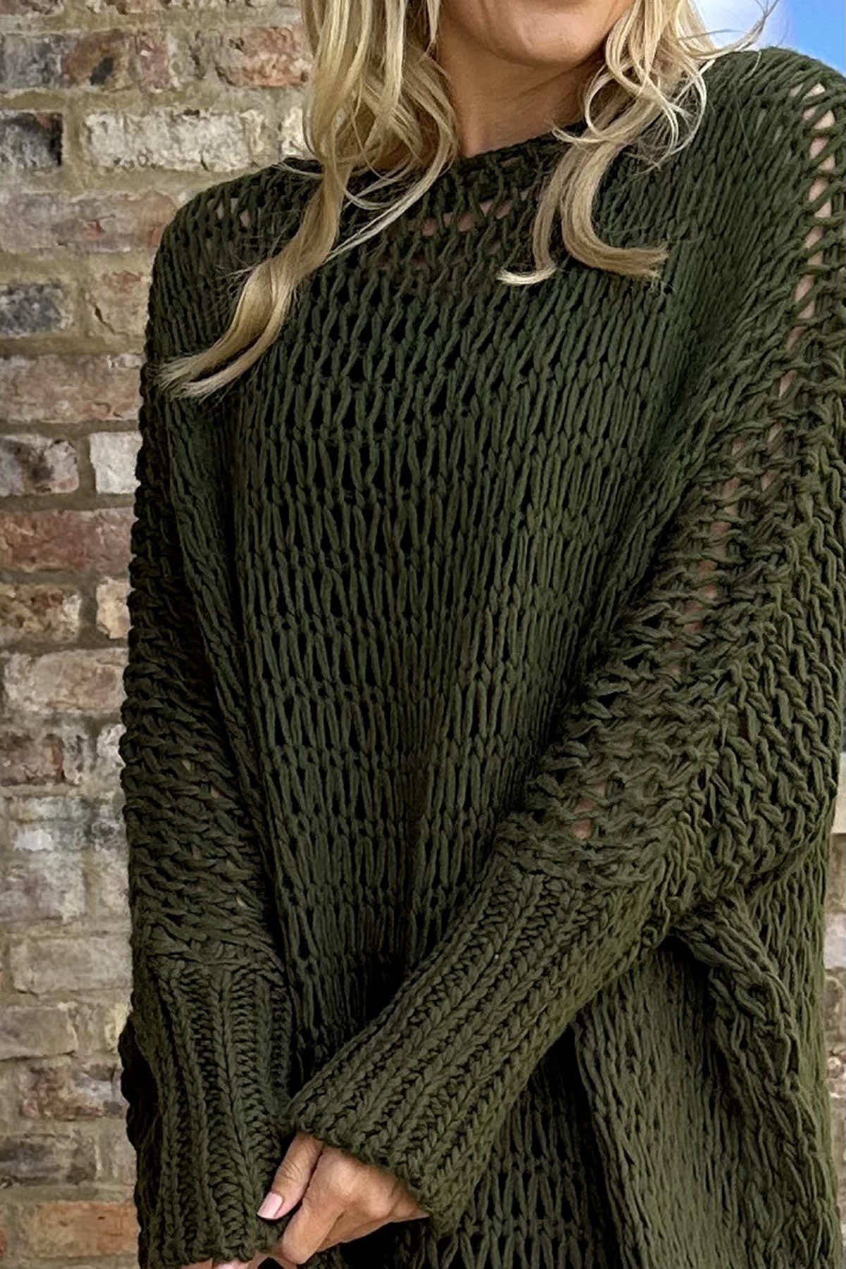 Freyja Slouch Crochet Jumper Khaki