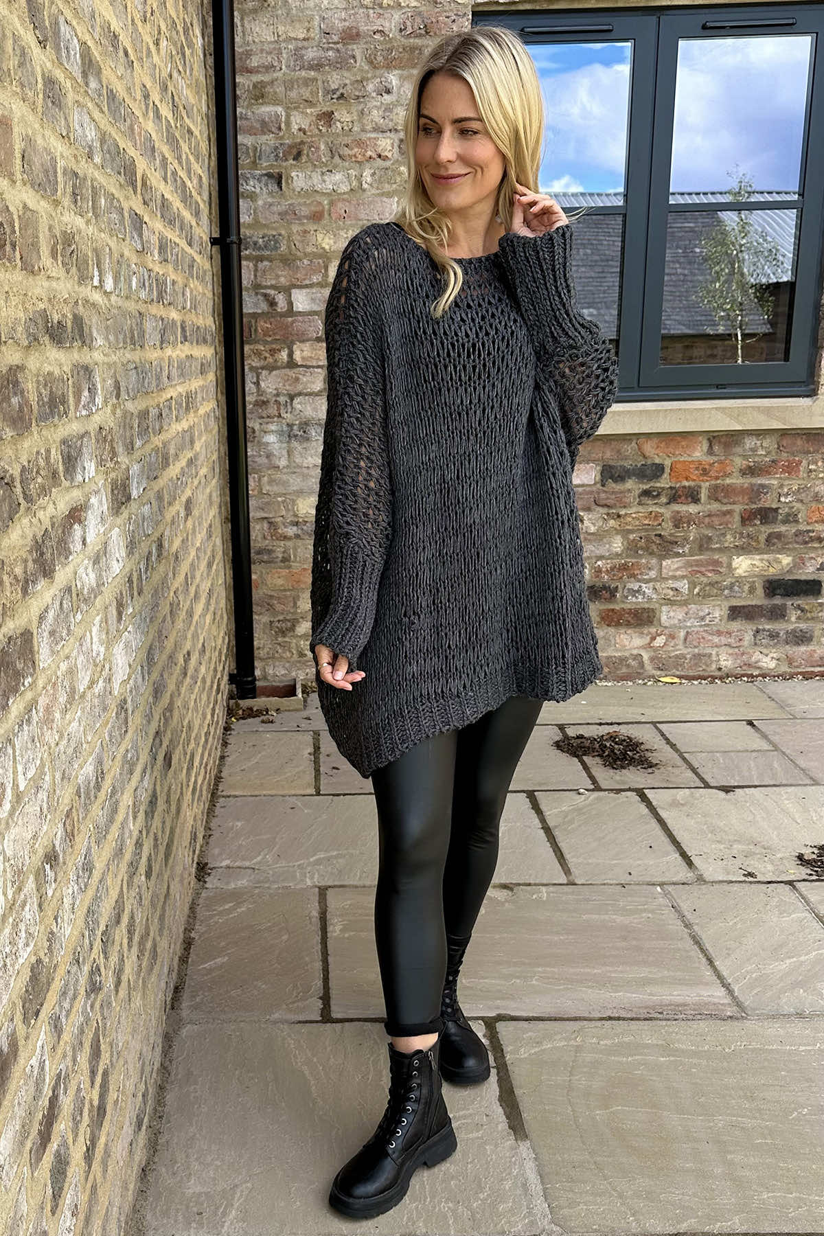 Freyja Slouch Crochet Jumper Charcoal