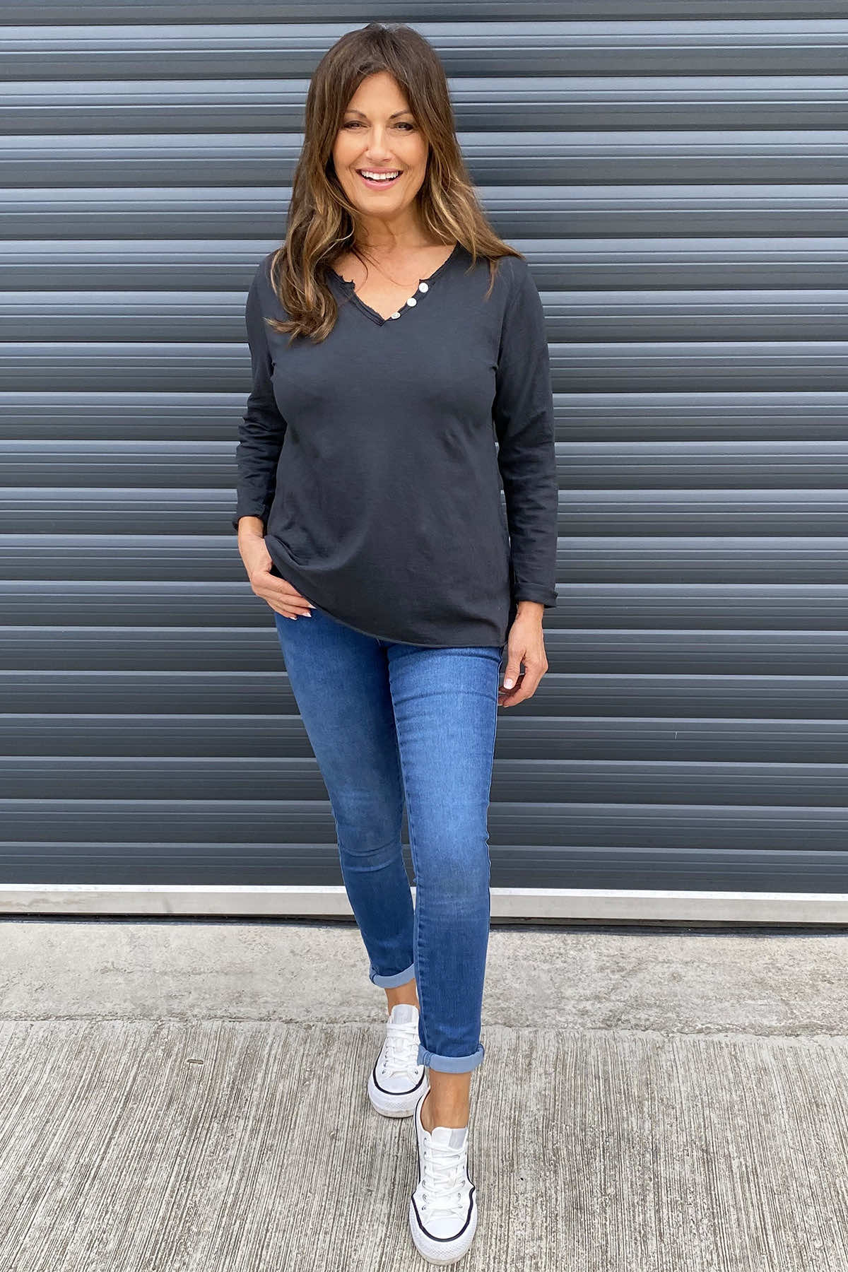 Briella V-Neck Cotton Top Charcoal