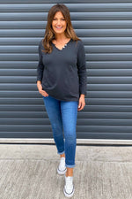 Briella V-Neck Cotton Top Charcoal Charcoal - Briella V-Neck Cotton Top Charcoal