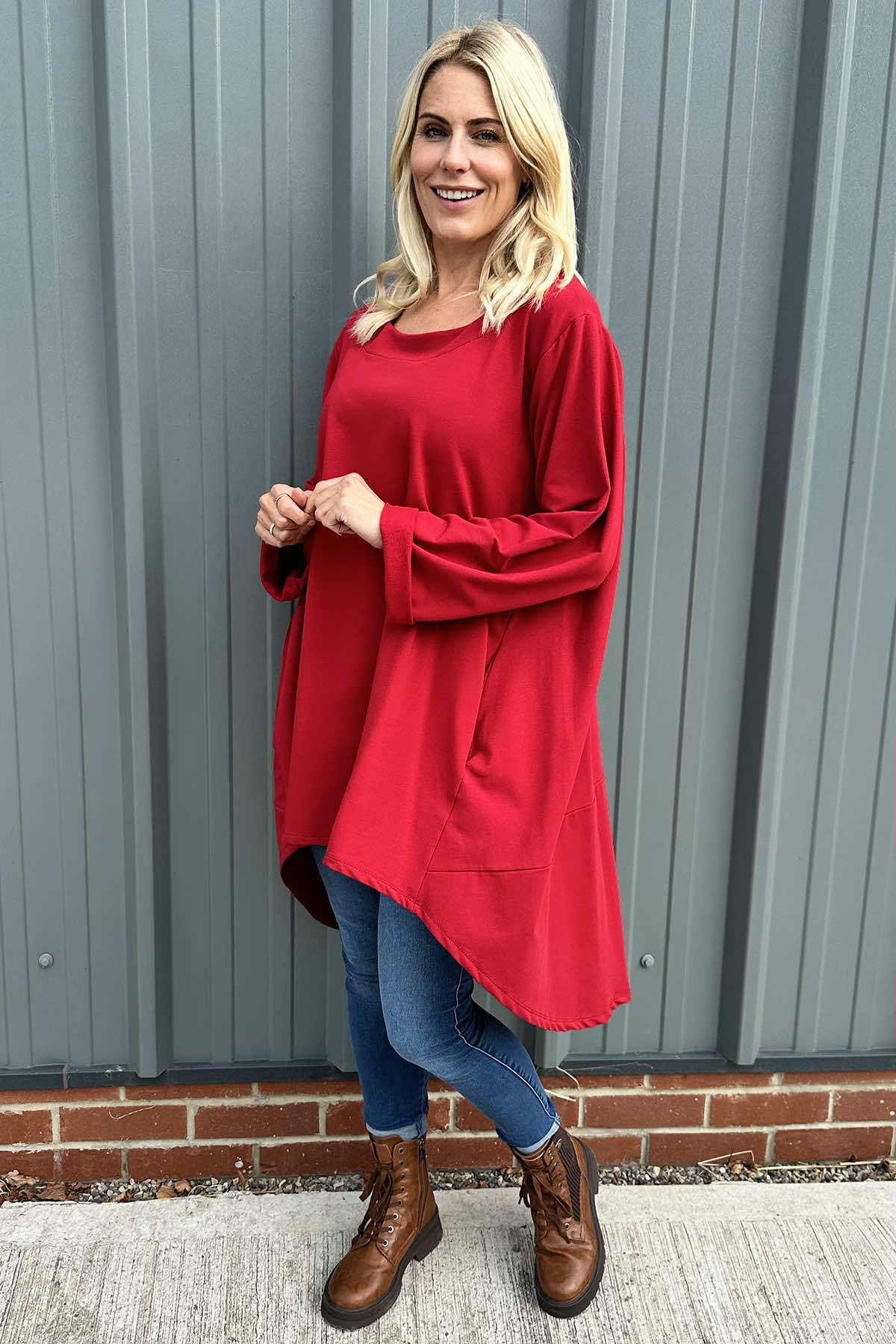 Binky Dipped Hem Cotton Tunic Red