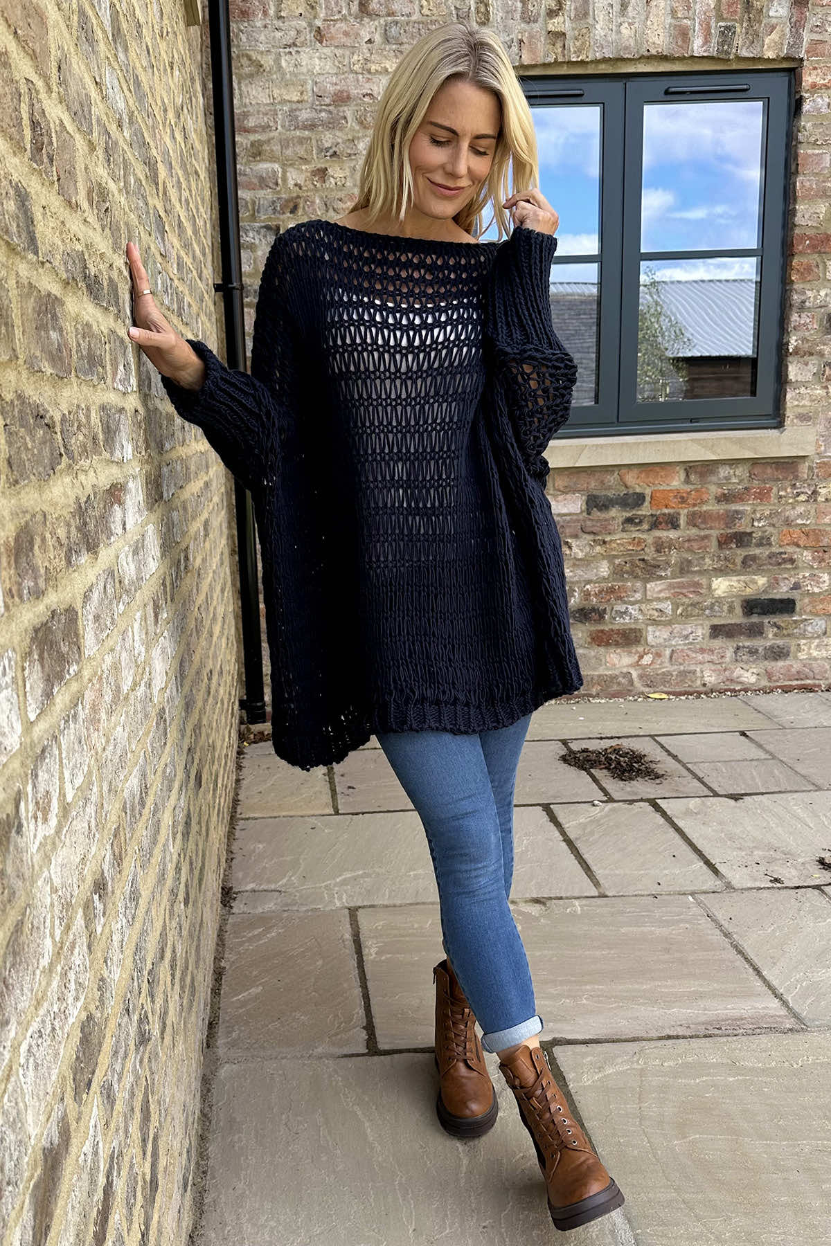 Freyja Slouch Crochet Jumper Navy