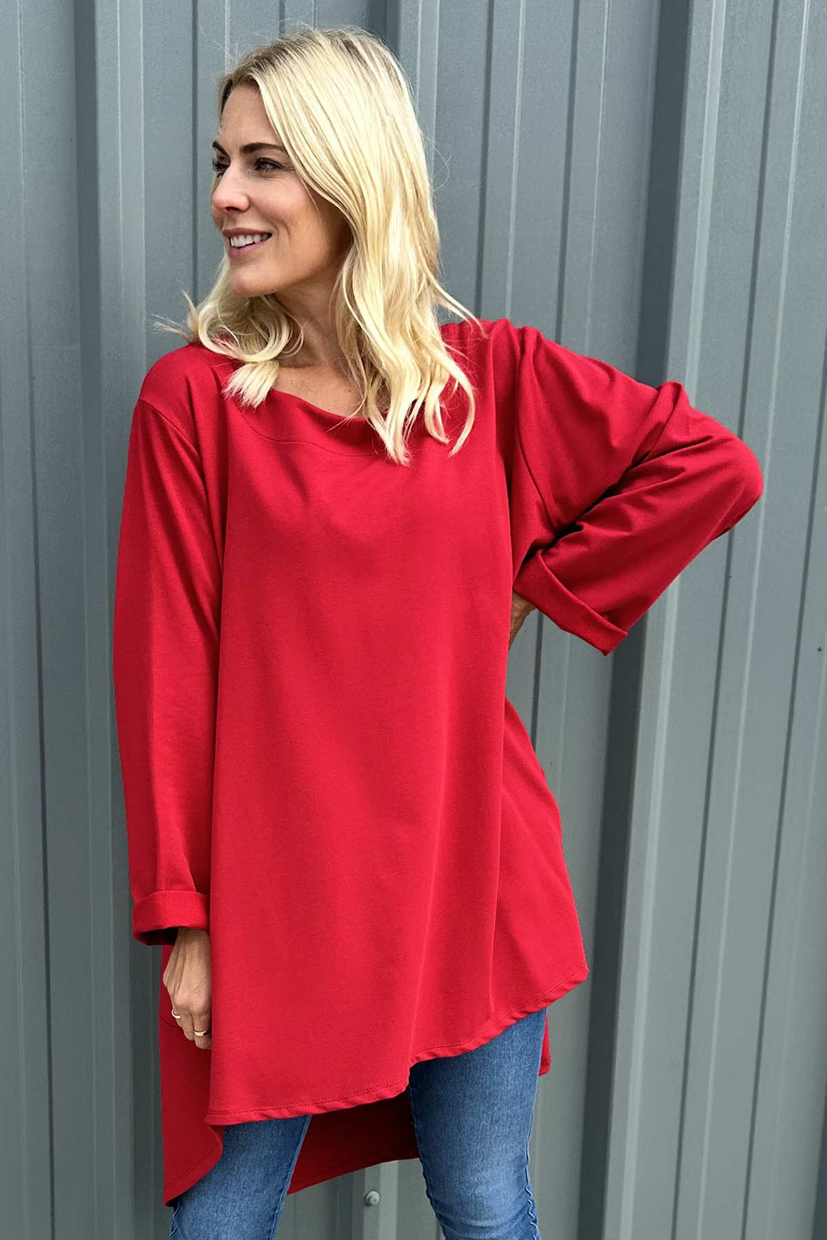 Binky Dipped Hem Cotton Tunic Red