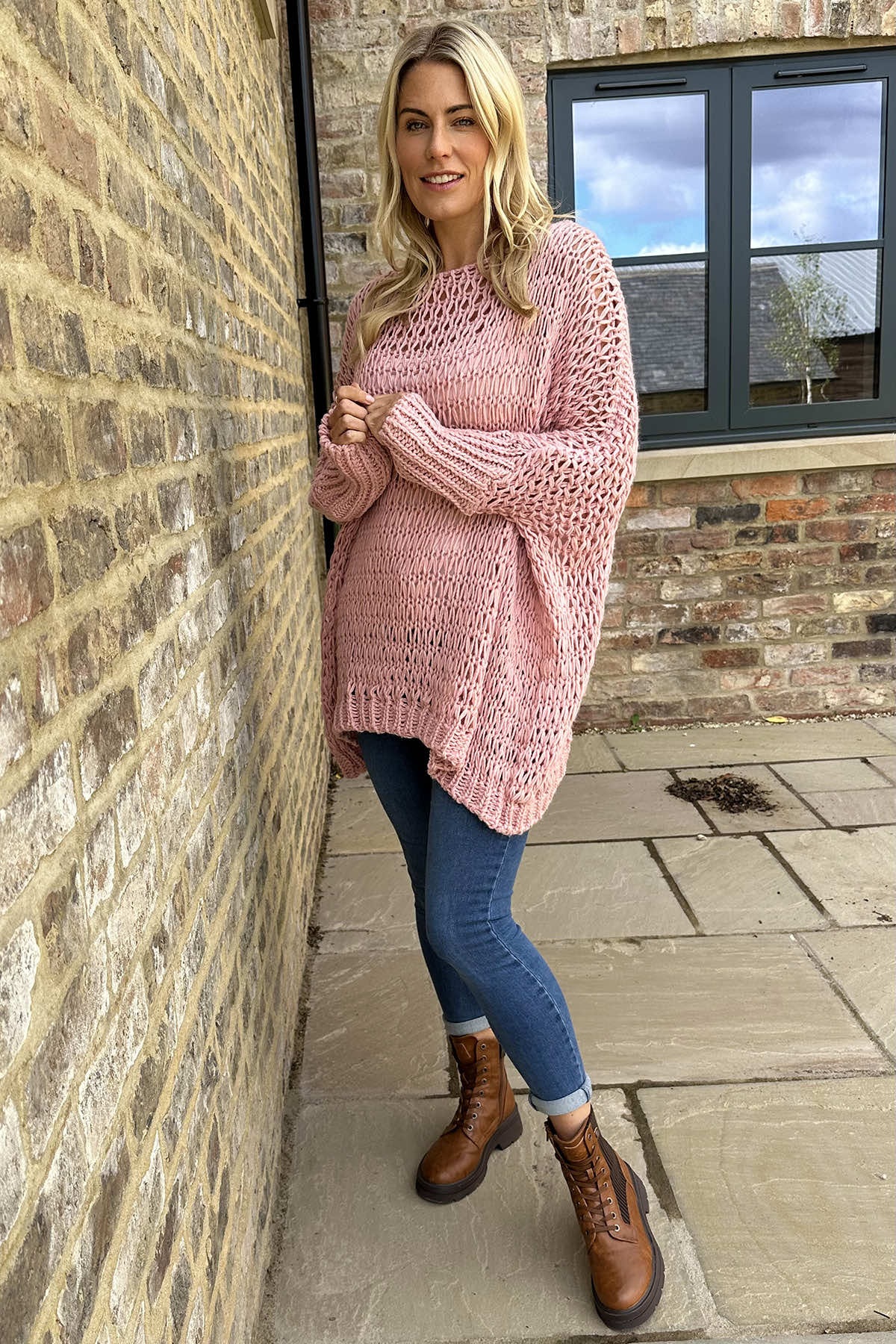 Freyja Slouch Crochet Jumper Pink