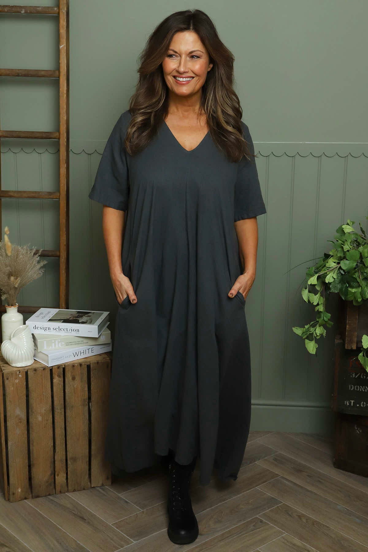 Ellerie V-Neck Linen Dress Charcoal