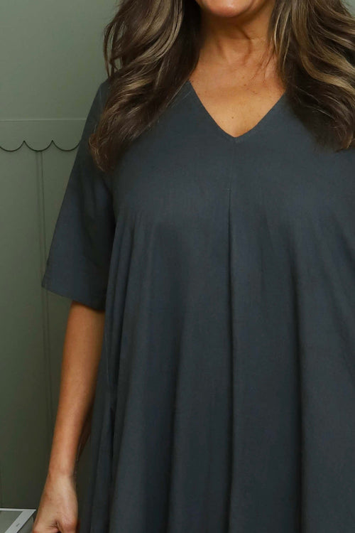 Ellerie V-Neck Linen Dress Charcoal - Image 3