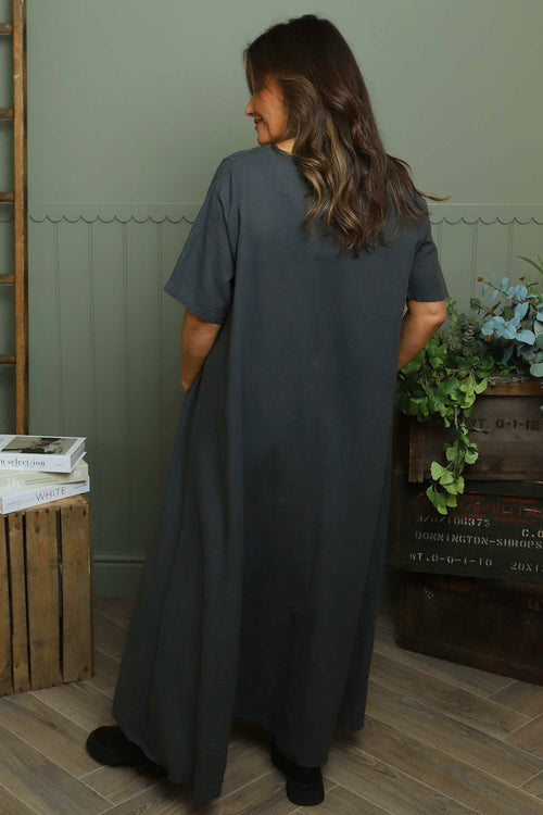Ellerie V-Neck Linen Dress Charcoal - Image 4