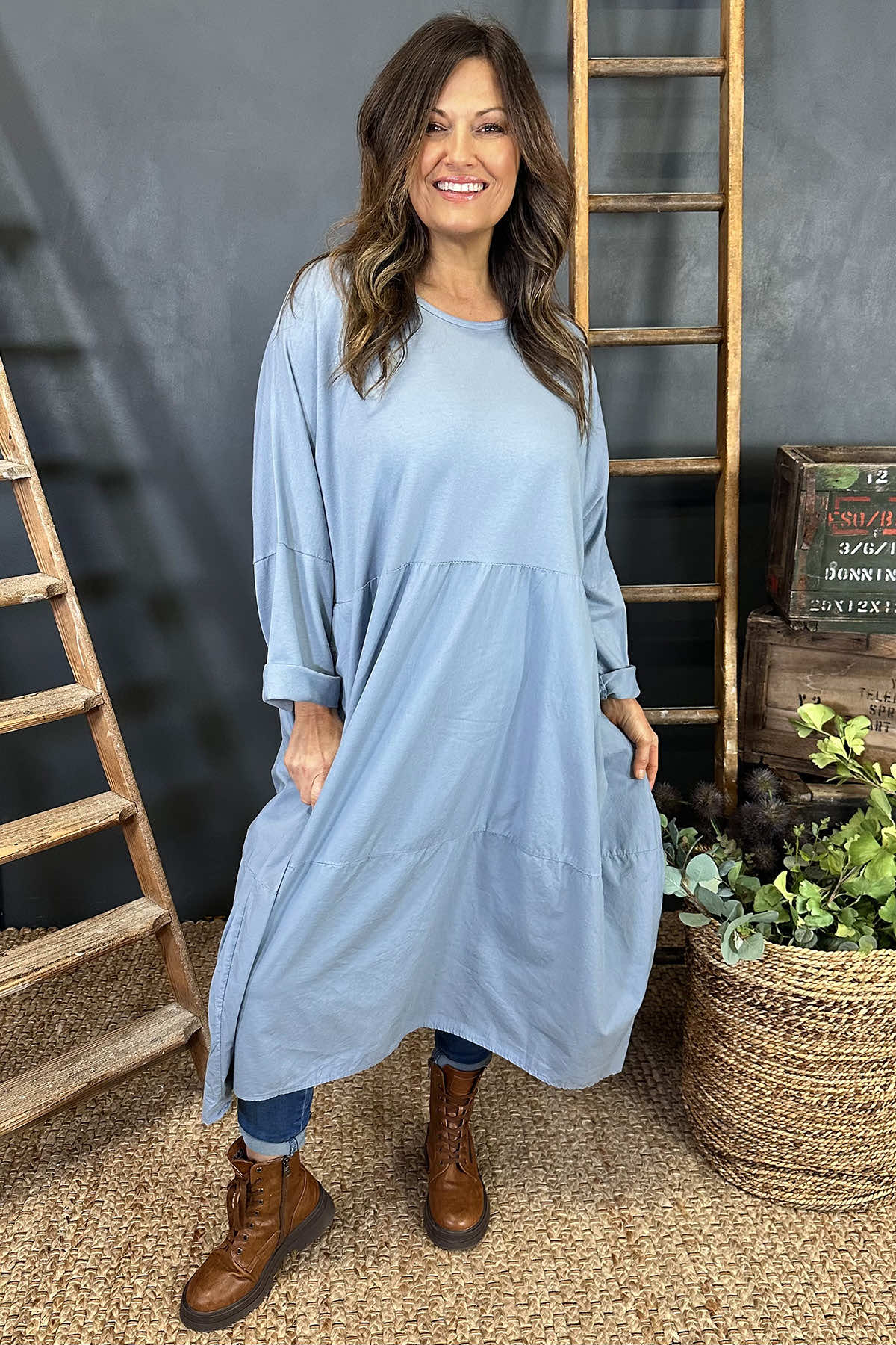 Nyala Cotton Dress Blue Grey