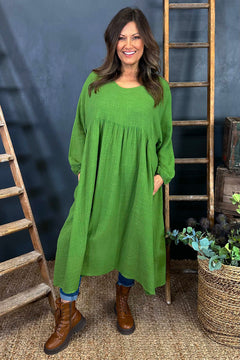 Indie V-Neck Cotton Dress Green