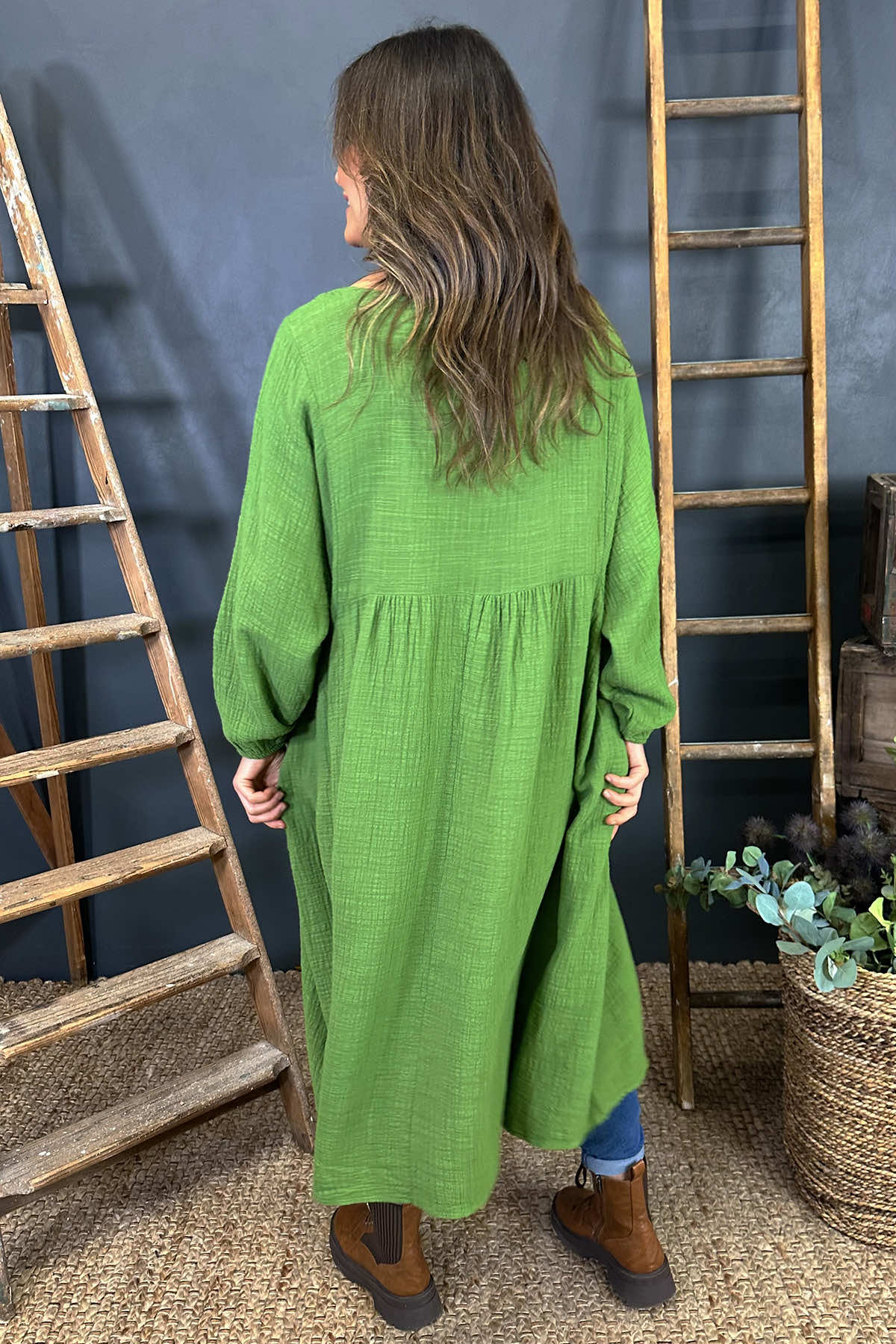 Indie V-Neck Cotton Dress Green