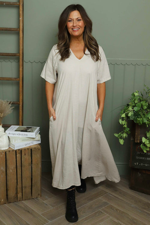 Ellerie V-Neck Linen Dress Stone - Image 1